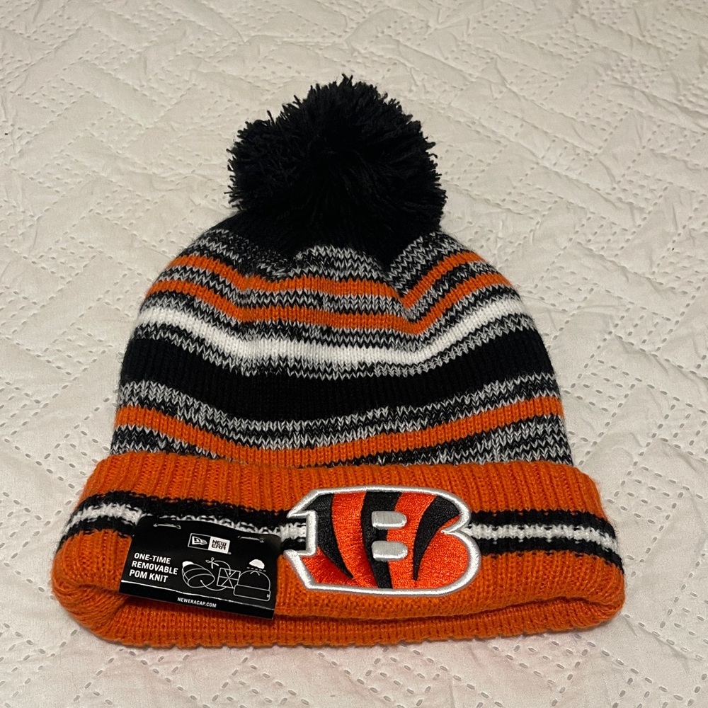 New Era NFL Bengals Orange and Black Striped Beanie w/ removable pom.